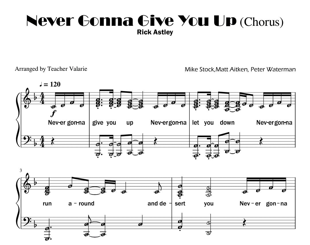Never Gonna Give You Up rick Roll chorus Only Intermediate Piano Sheet Music With Note Names Lyrics Printable Downloadable Etsy Never Gonna Give You Up rick Roll chorus Only Intermediate Piano Sheet Music With Note Names Lyrics Printable Downloadable Etsy