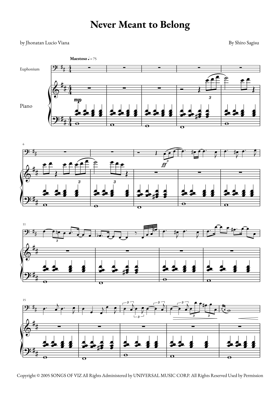 Never Meant To Belong arr Jhonatan Lucio Viana By Shiro Sagisu Sheet Music For Euphonium And Piano At Sheet Music Direct