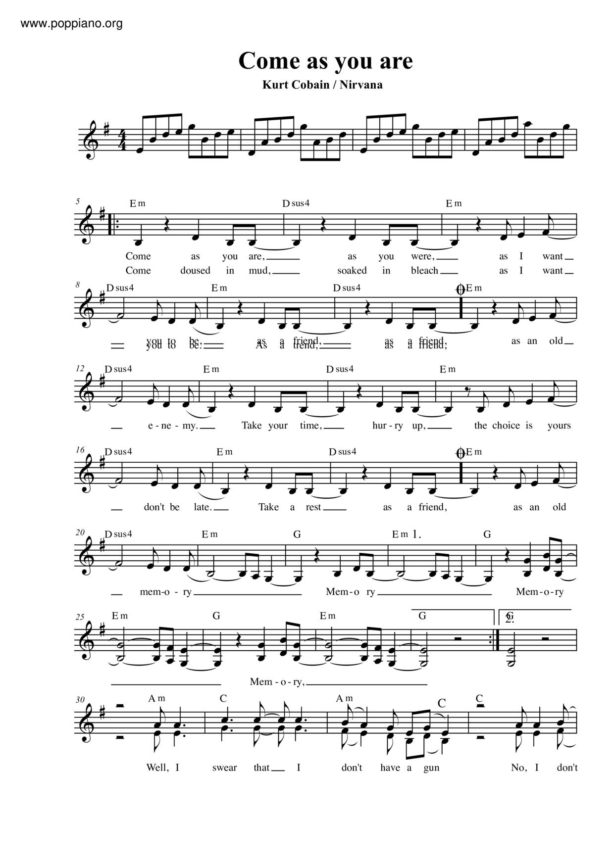 Nirvana Come As You Are Sheet Music Pdf Free Score Download Nirvana Come As You Are Sheet Music Pdf Free Score Download