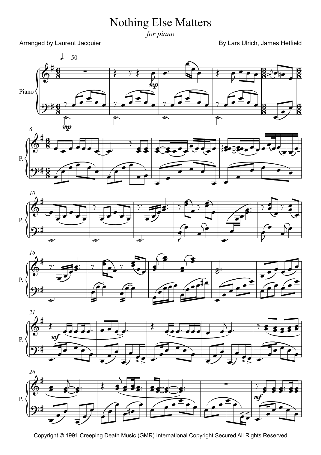 Nothing Else Matters arr Laurent Jacquier By Metallica Sheet Music For Piano Solo At Sheet Music Direct