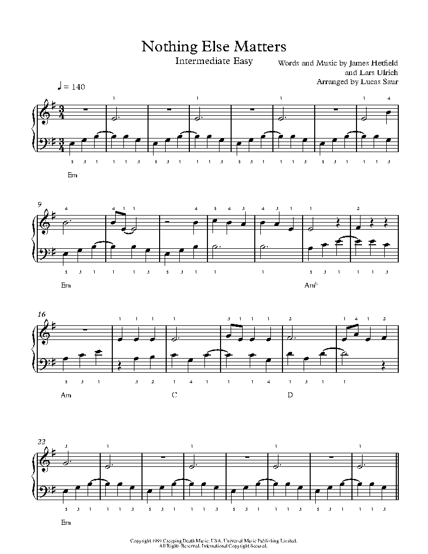 Nothing Else Matters By Metallica Sheet Music Lesson Intermediate Level