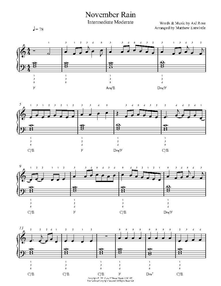 November Rain By Guns N Roses Sheet Music Lesson Intermediate Level