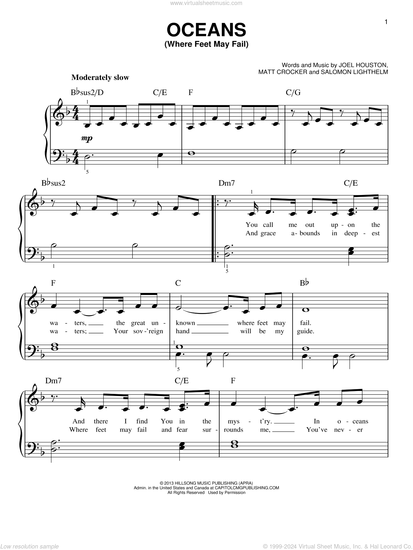 Oceans Where Feet May Fail easy Sheet Music For Piano Solo