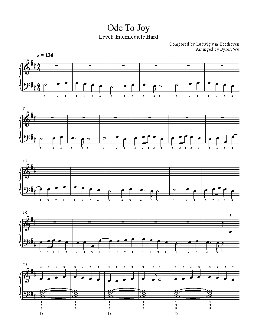 Ode To Joy By Ludwig Van Beethoven Sheet Music Lesson Intermediate Level