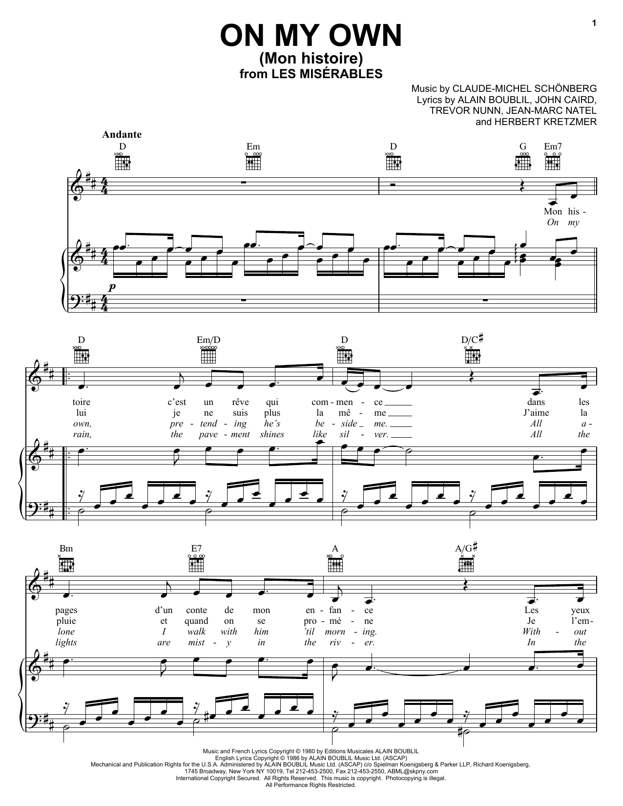 On My Own from Les Miserables By Claude Michel Schonberg Sheet Music For Piano Vocal Guitar Chords Right Hand Melody At Sheet Music Direct On My Own from Les Miserables By Claude Michel Schonberg Sheet Music For Piano Vocal Guitar Chords Right Hand Melody At Sheet Music Direct
