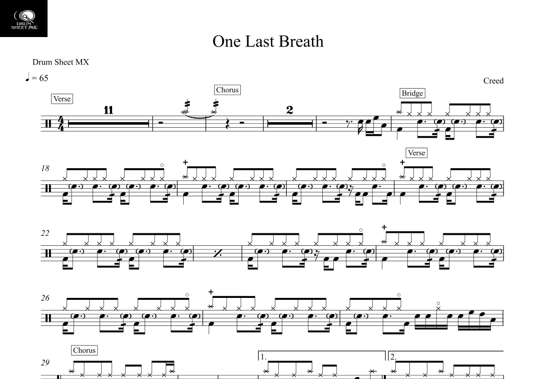 One Last Breath arr Drum Sheet MX By Creed Sheet Music For Drums At Sheet Music Direct