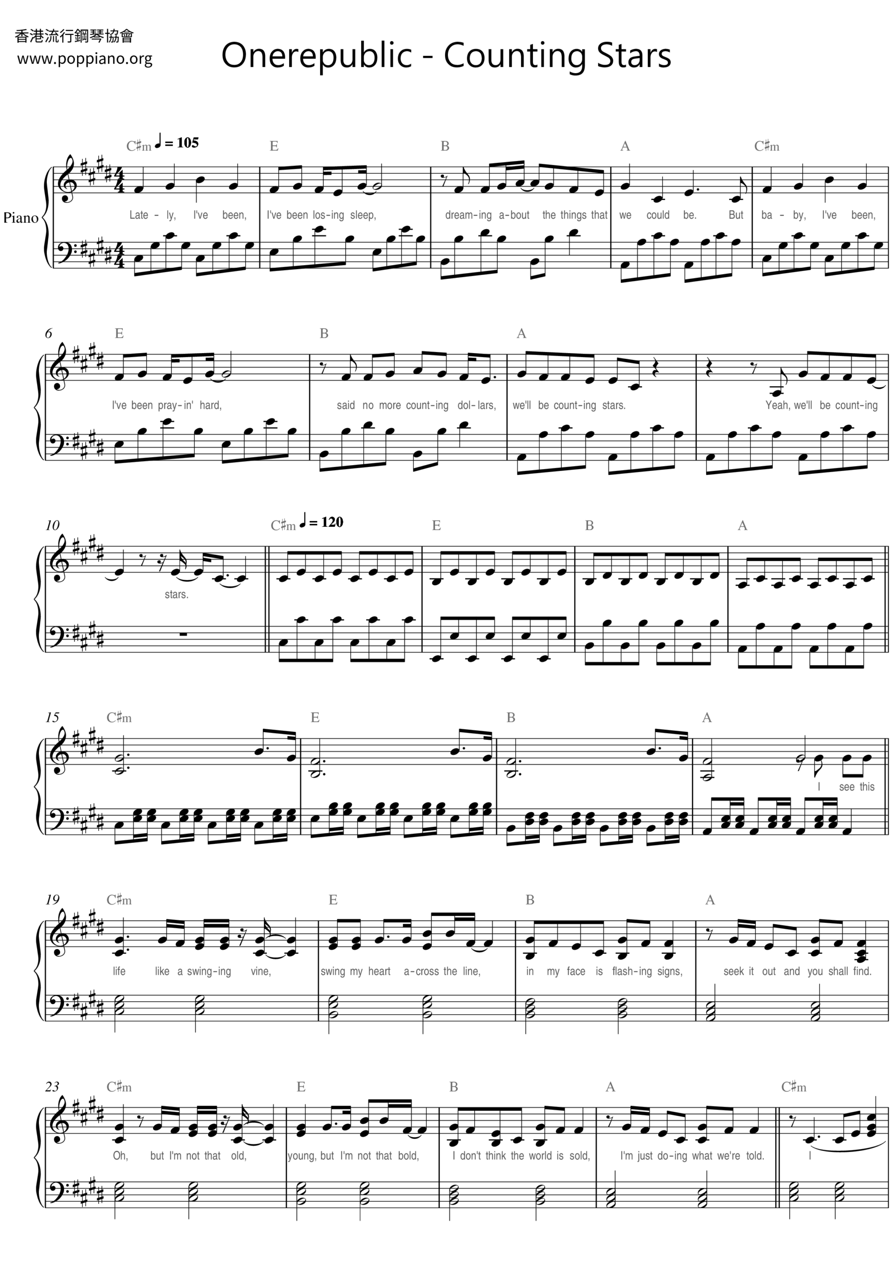  Onerepublic Counting Stars Sheet Music Pdf Free Score Download 
