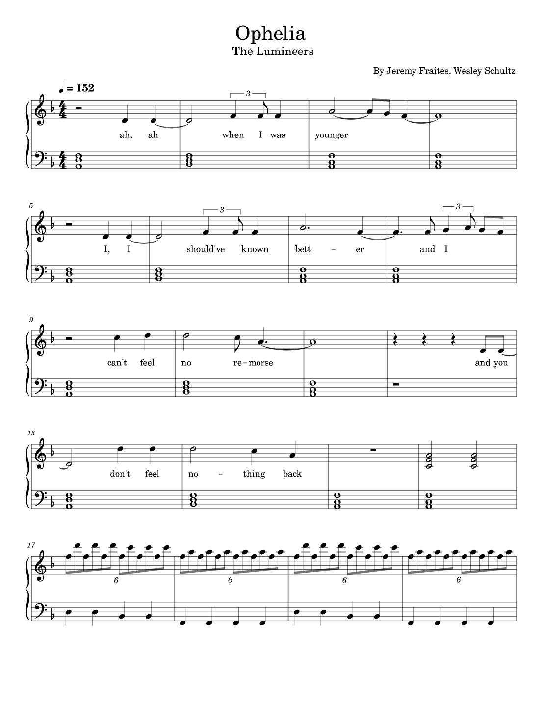 Ophelia arr Poon By The Lumineers Sheet Music For Easy Piano At Sheet Music Direct