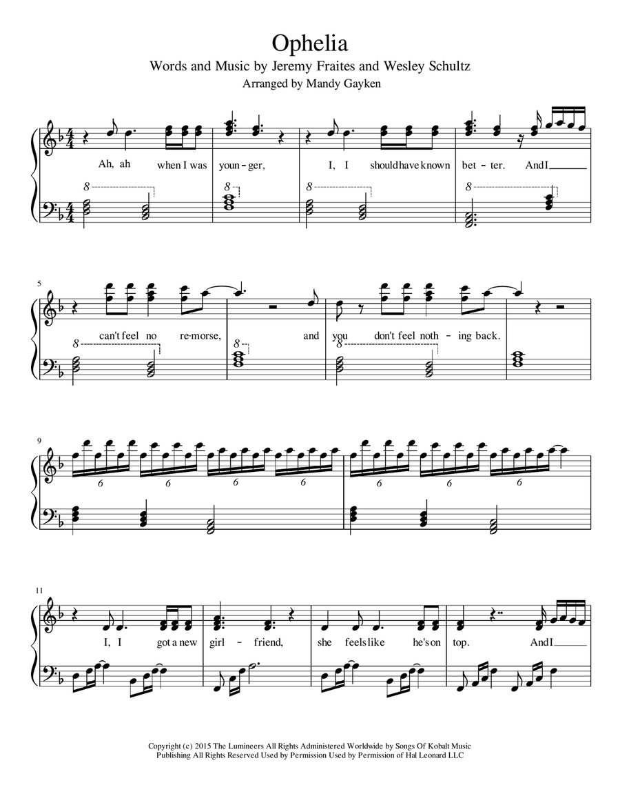 ophelia lumineers piano sheet music