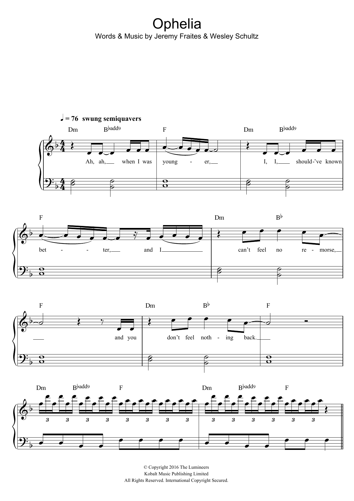 Ophelia By The Lumineers Sheet Music For Easy Piano At Sheet Music Direct