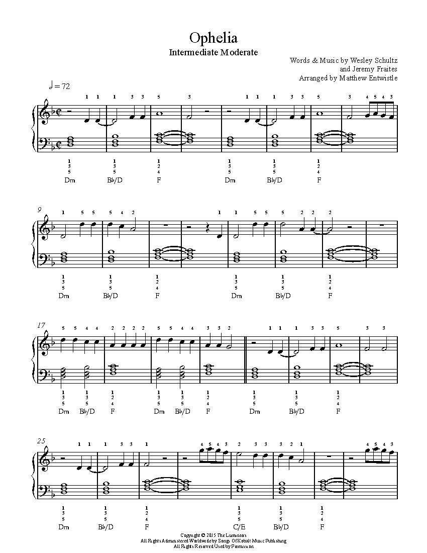 Ophelia By The Lumineers Sheet Music Lesson Intermediate Level