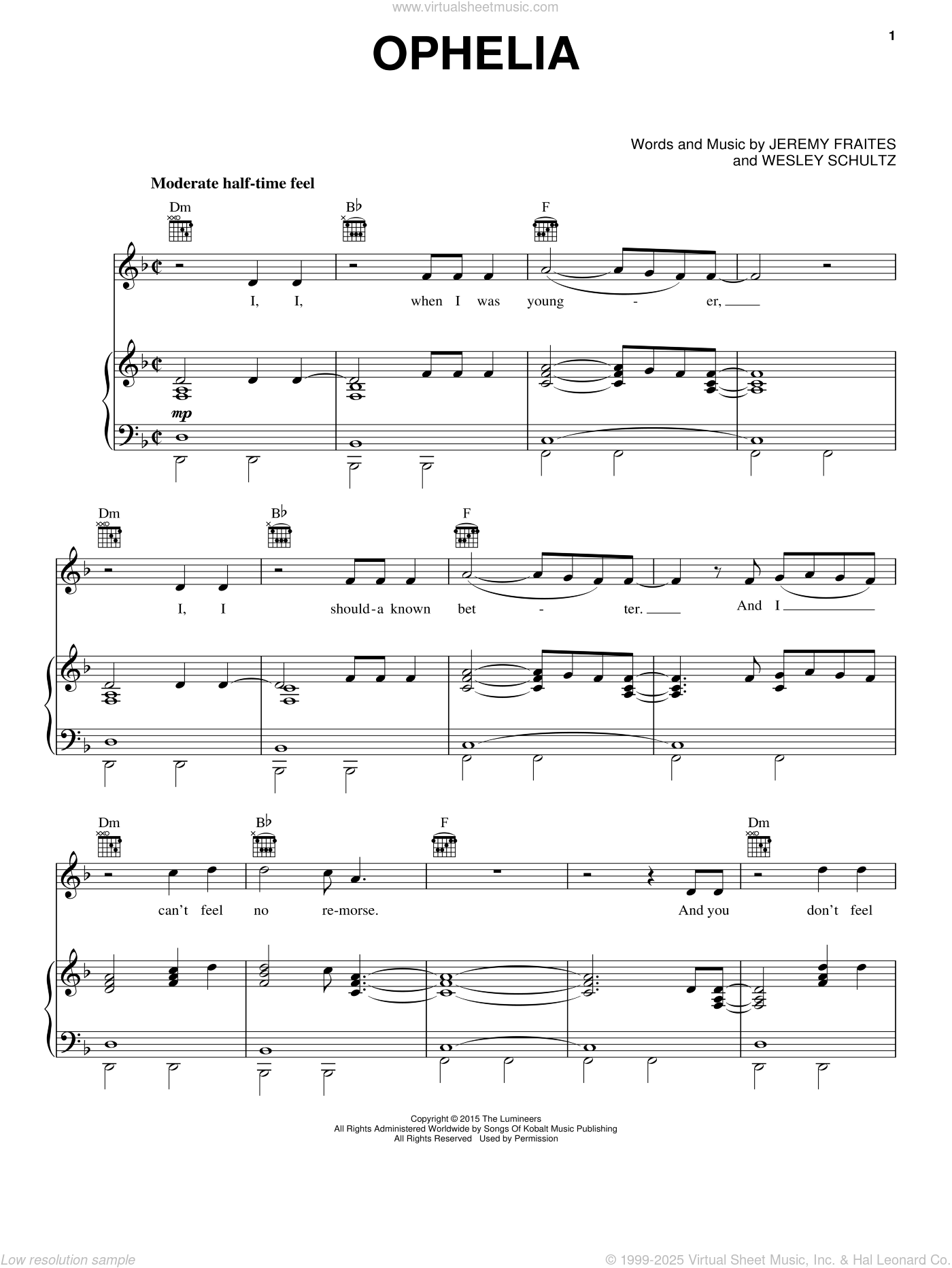 ophelia sheet music piano