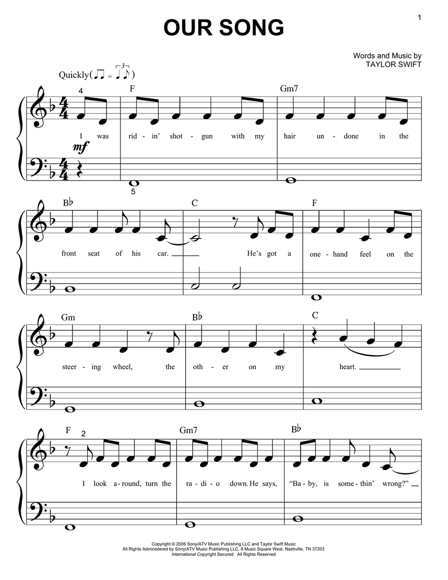 Our Song By Taylor Swift Easy Piano Digital Sheet Music Sheet Music Plus Our Song By Taylor Swift Easy Piano Digital Sheet Music Sheet Music Plus