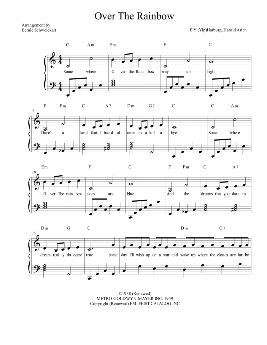 Over The Rainbow arr Bernie Schweickart By Judy Garland Sheet Music For Piano Vocal Guitar Chords At Sheet Music Direct