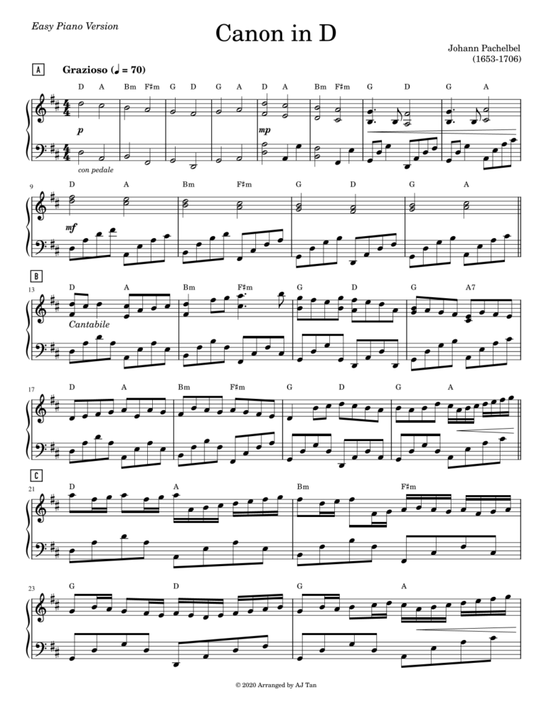 Pachelbel s Canon In D arr AJ Tan By Johann Pachelbel Sheet Music For Piano Solo At Sheet Music Direct