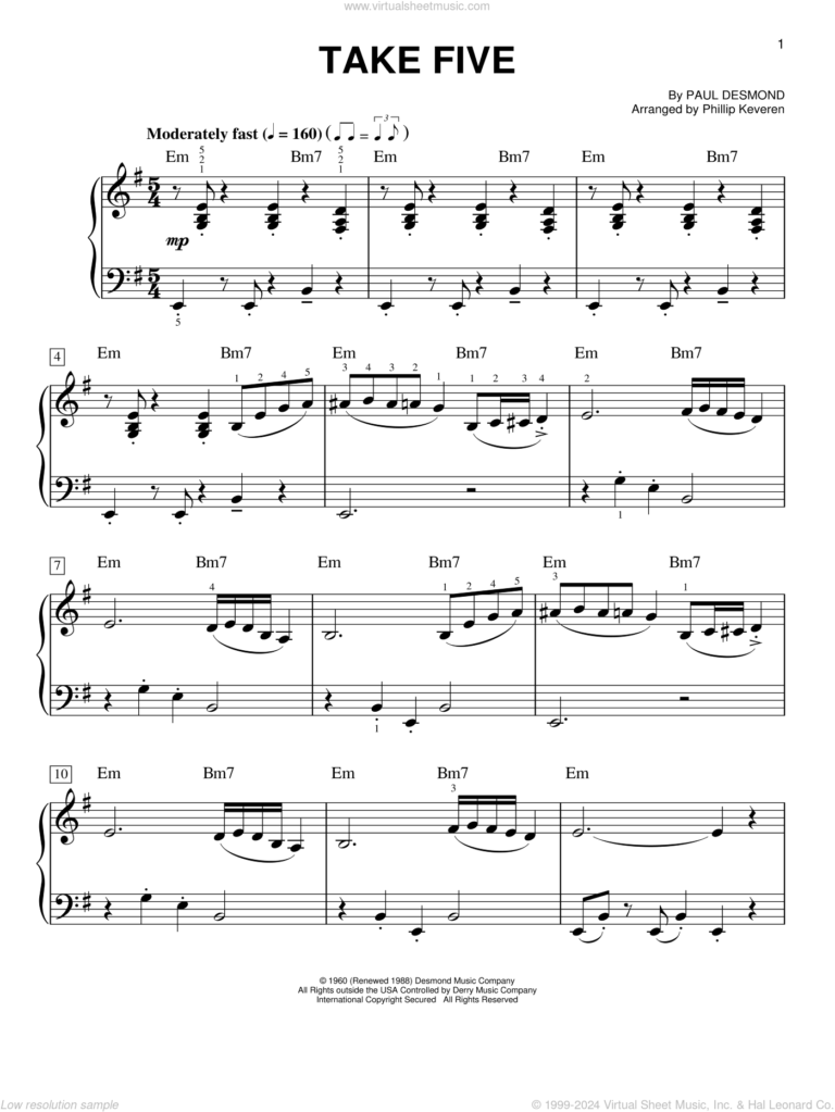 Paul Desmond Take Five arr Phillip Keveren Sheet Music For Piano Solo