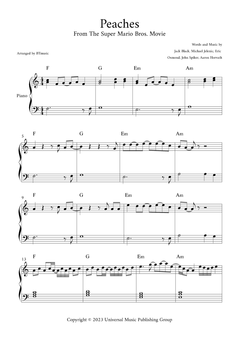Peaches arr BTmusic By Jack Black Sheet Music For Easy Piano At Sheet Music Direct