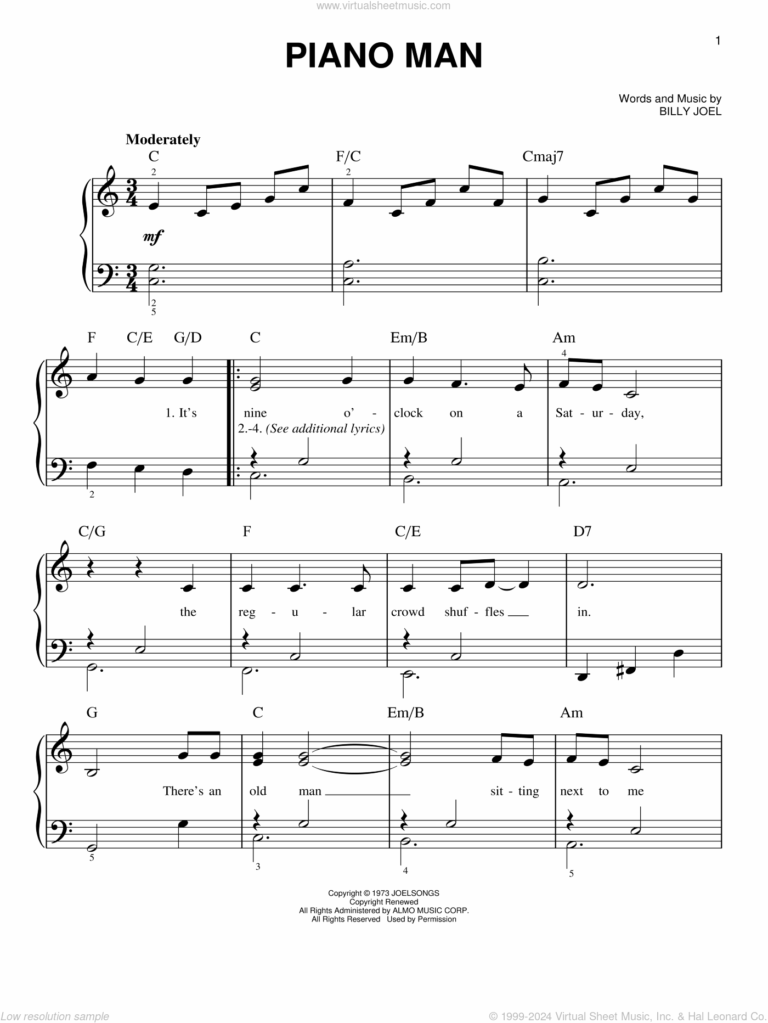 Piano Man beginner Sheet Music For Piano Solo PDF 