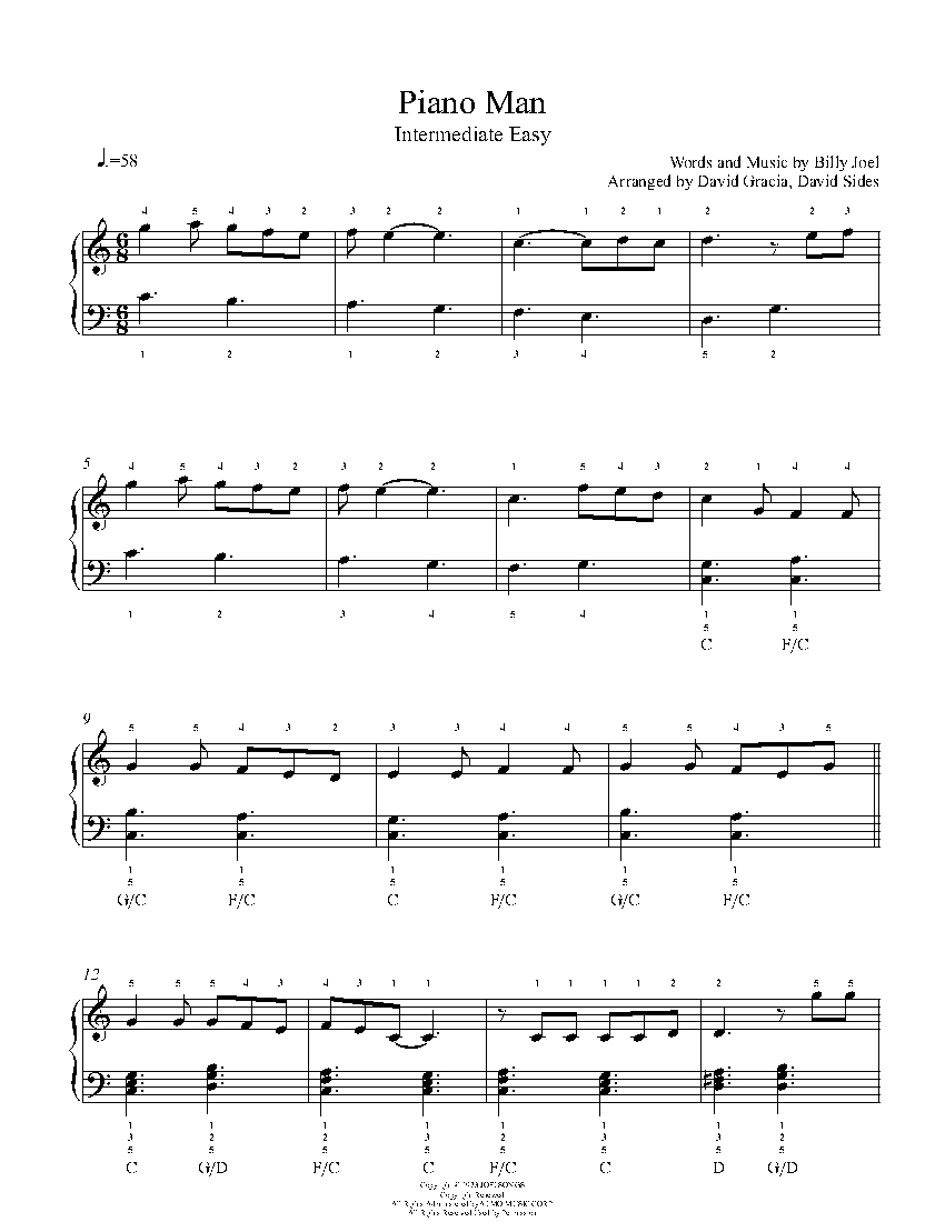 Piano Man By Billy Joel Sheet Music Lesson Intermediate Level