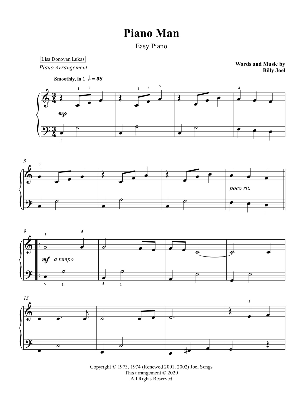 Piano Man Easy Piano Lisa Donovan Lukas