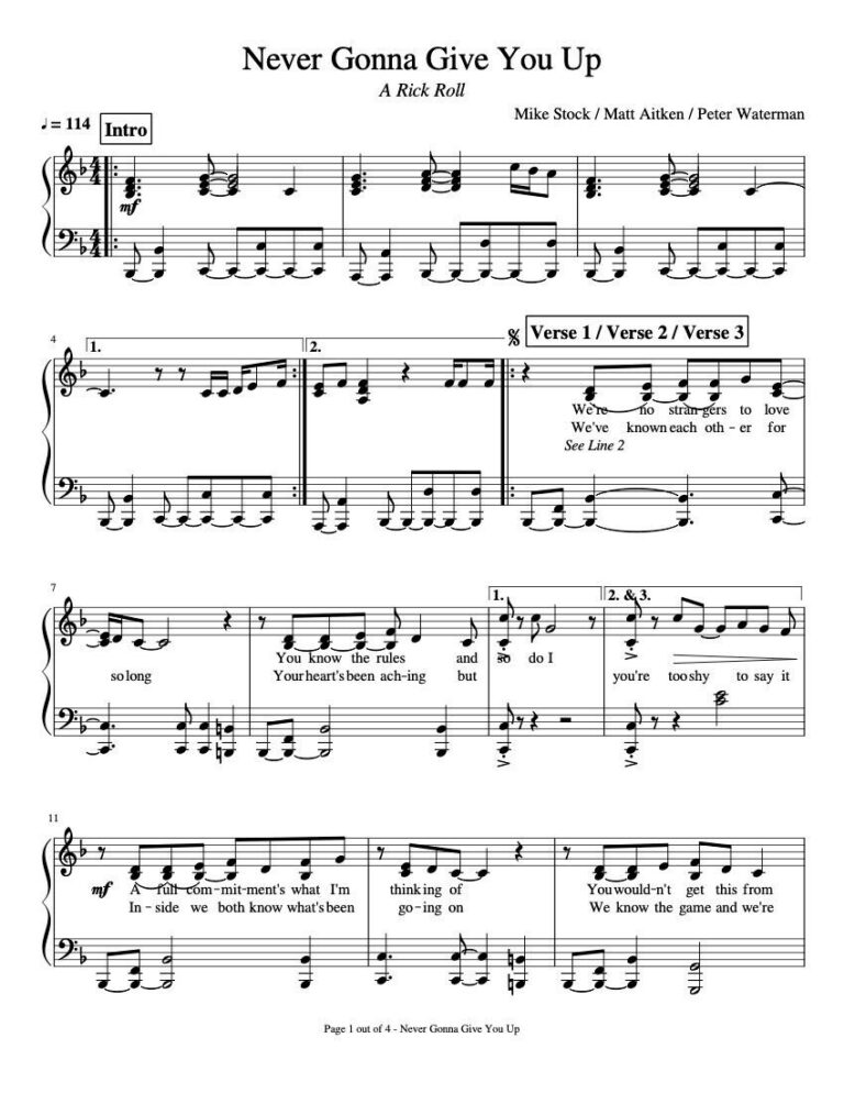 Piano Music Sheets Never Gonna Give You With Words Up By Rick Astley Peter Waterman Piano Paper Music Sheets Etsy