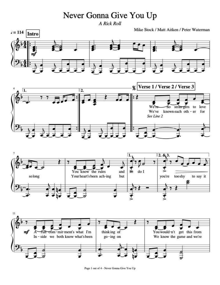 Piano Music Sheets Never Gonna Give You With Words Up By Rick Astley Peter Waterman Piano Paper Music Sheets Etsy