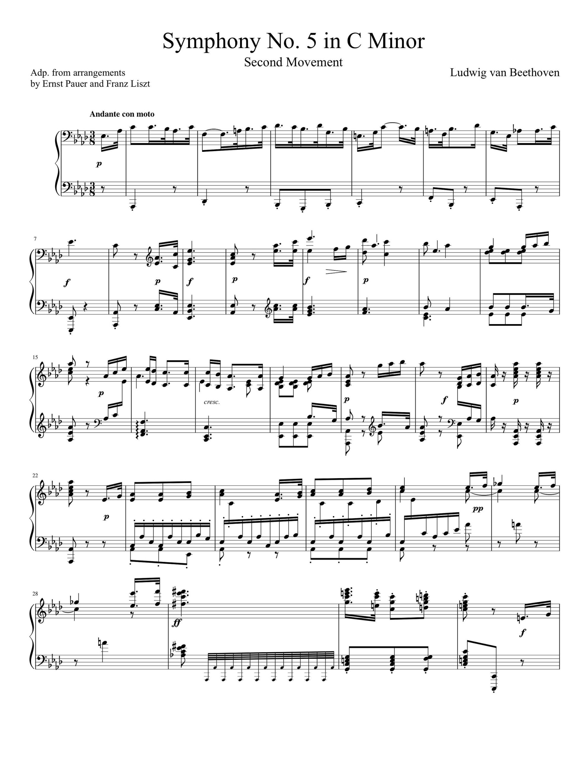Piano Music Sheets Symphony No 5 In C Minor 2nd Movement Solo Piano By Beethoven Etsy