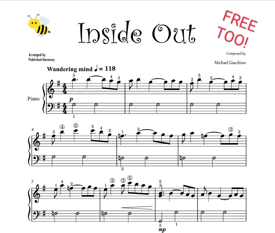 Piano Sheet Music INSIDE OUT Theme Easy Piano For Kids Etsy
