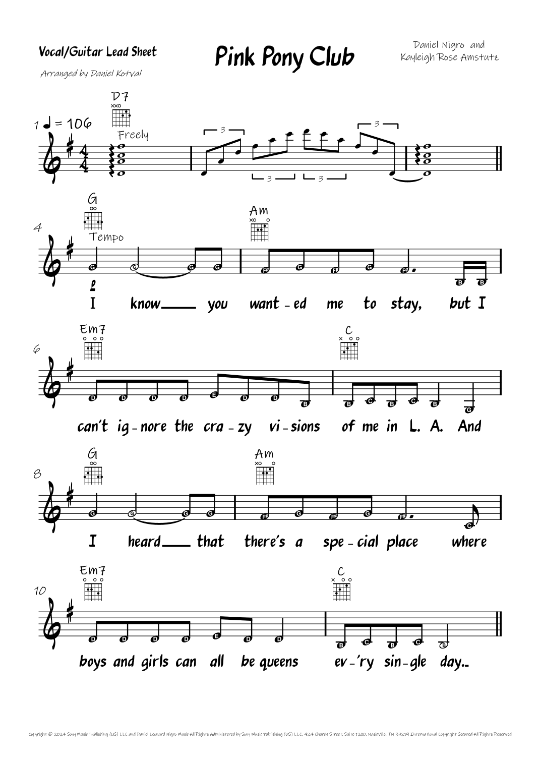 Pink Pony Club arr Daniel Charles Kotval By Chappell Roan Sheet Music For Lead Sheet Fake Book At Sheet Music Direct