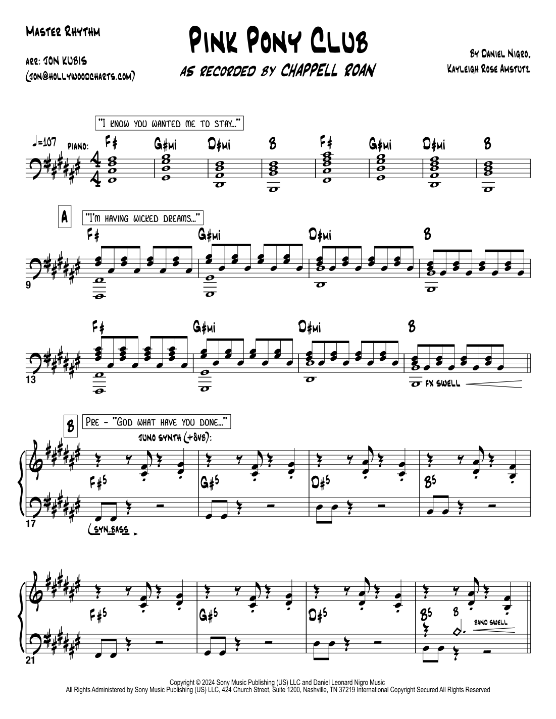 Pink Pony Club arr Hollywood Charts By Chappell Roan Sheet Music For Cover Band At Sheet Music Direct