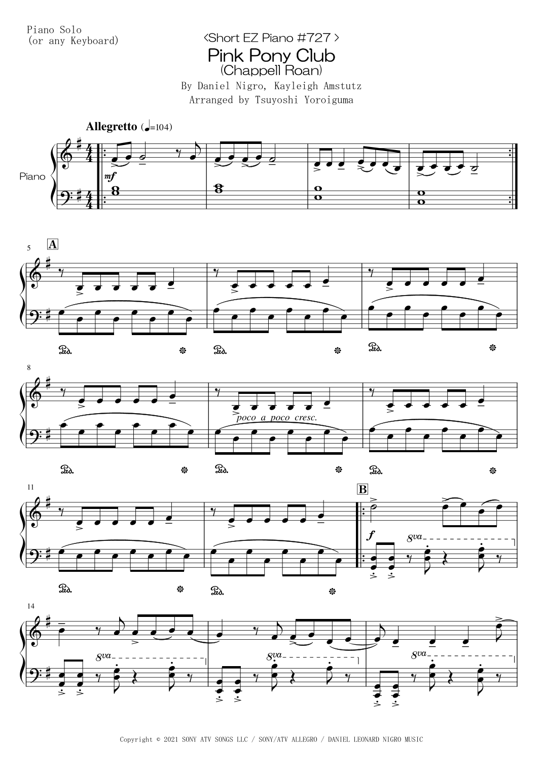 Pink Pony Club arr Tsuyoshi Yoroiguma By Chappell Roan Sheet Music For Easy Piano At Sheet Music Direct