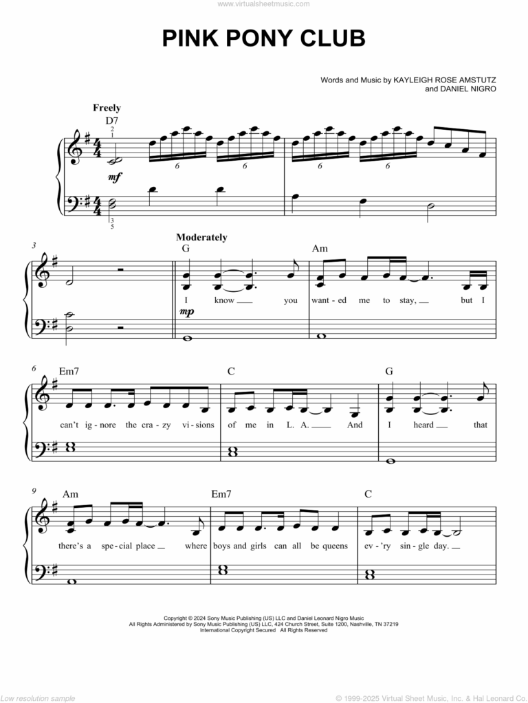 Pink Pony Club easy Sheet Music For Piano Solo PDF 