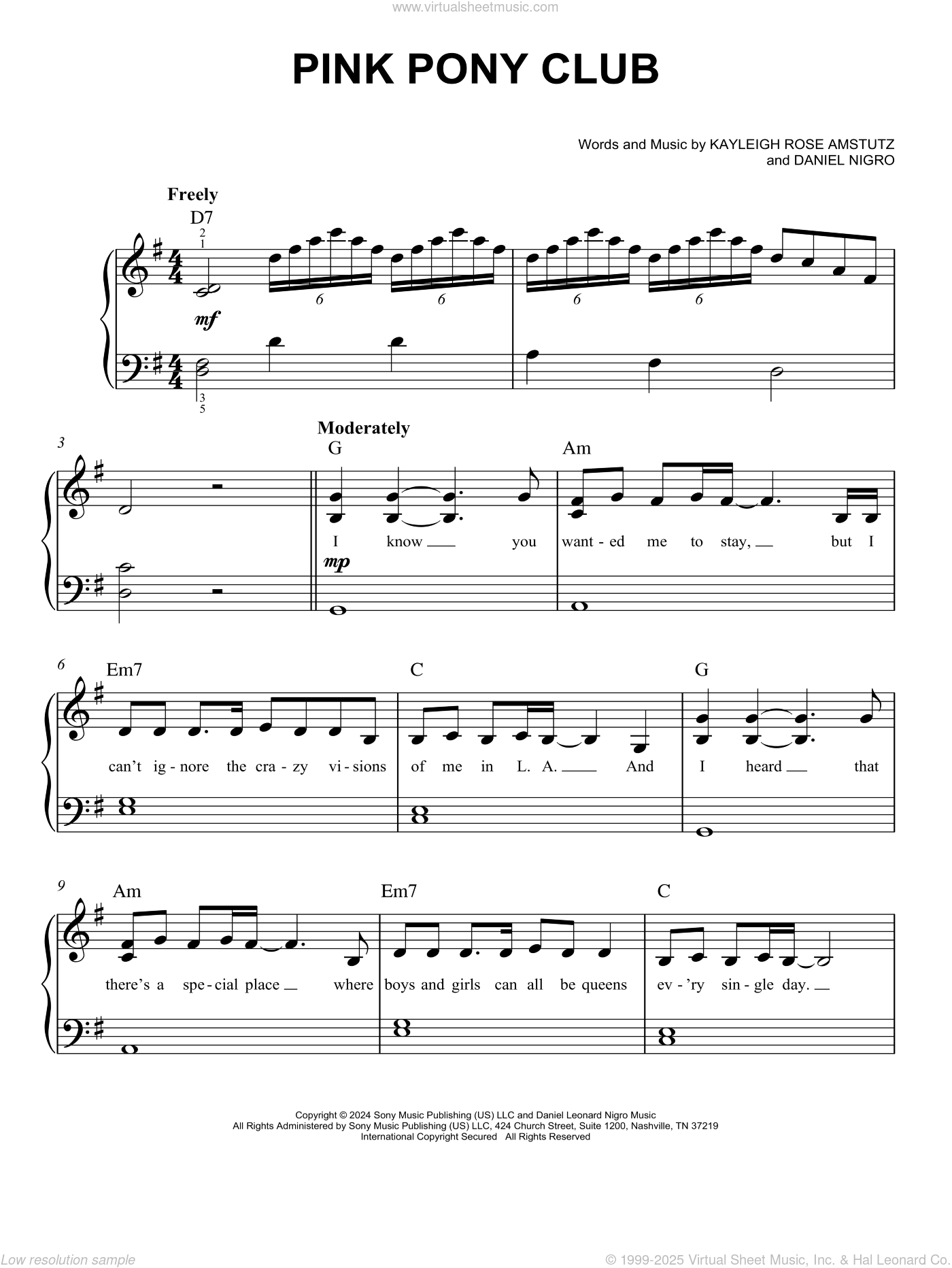 Pink Pony Club easy Sheet Music For Piano Solo PDF 