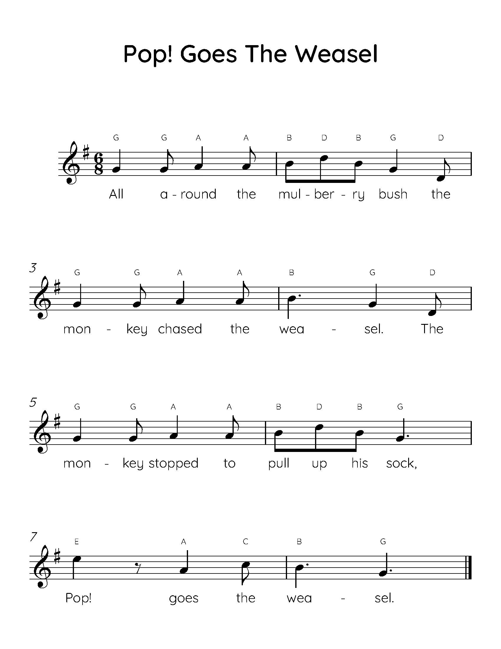 Pop Goes The Weasel Easy Piano Sheet Music Digital Downloadable Musical Sheets Kids Beginner Songs PDF Etsy