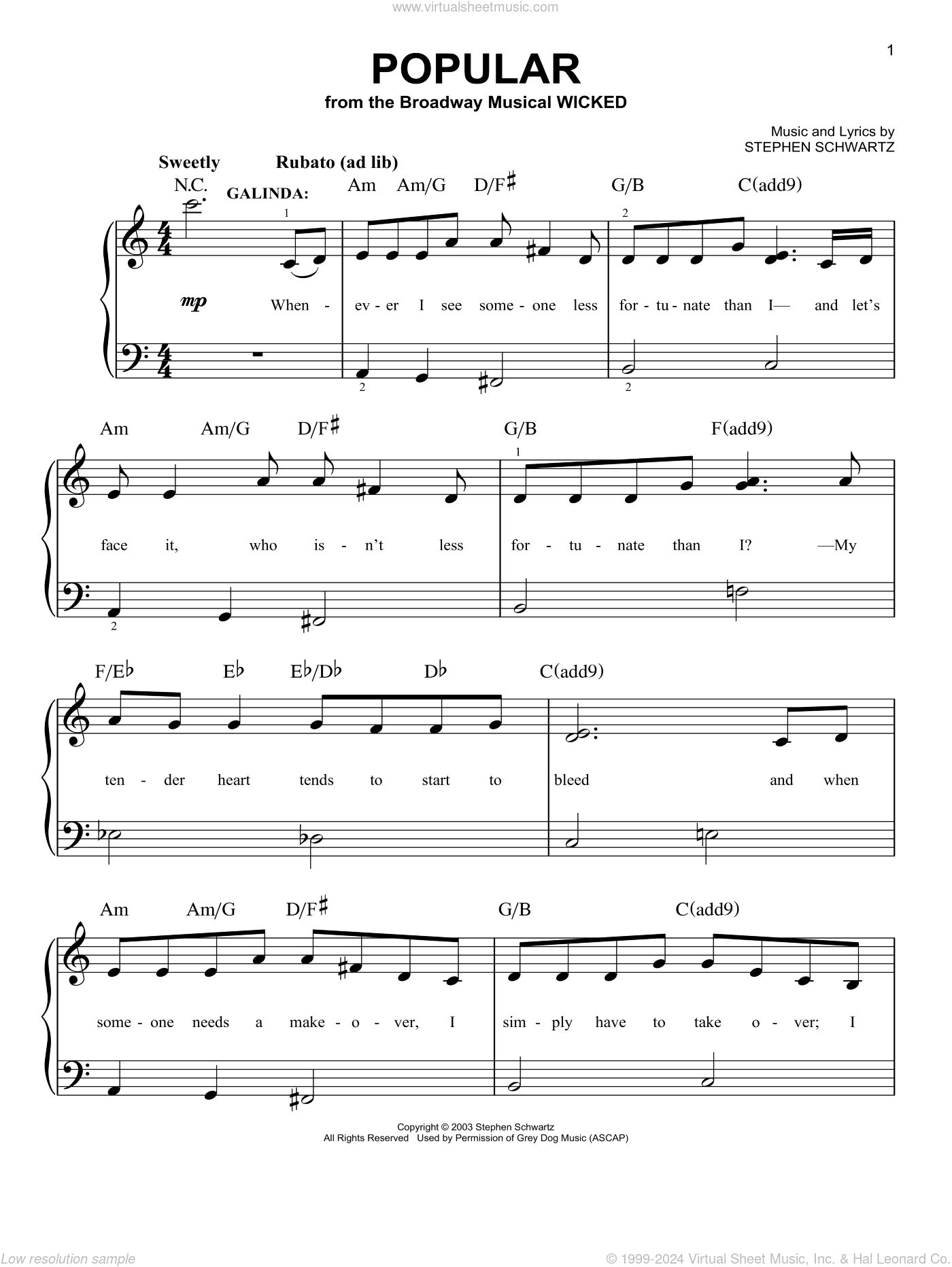 Popular from Wicked beginner from Wicked Sheet Music For Piano Solo