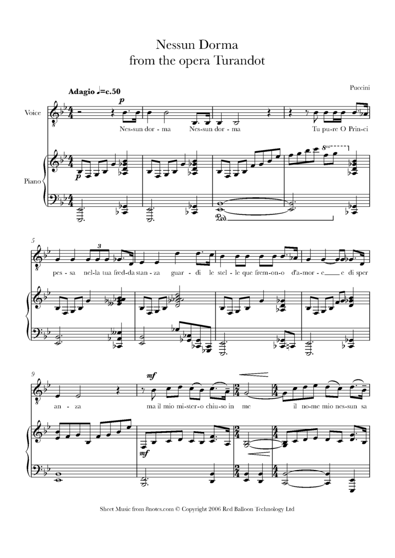 Puccini Giacomo Nessun Dorma From Turandot For Voice Free Sheet Music For Voice 8notes