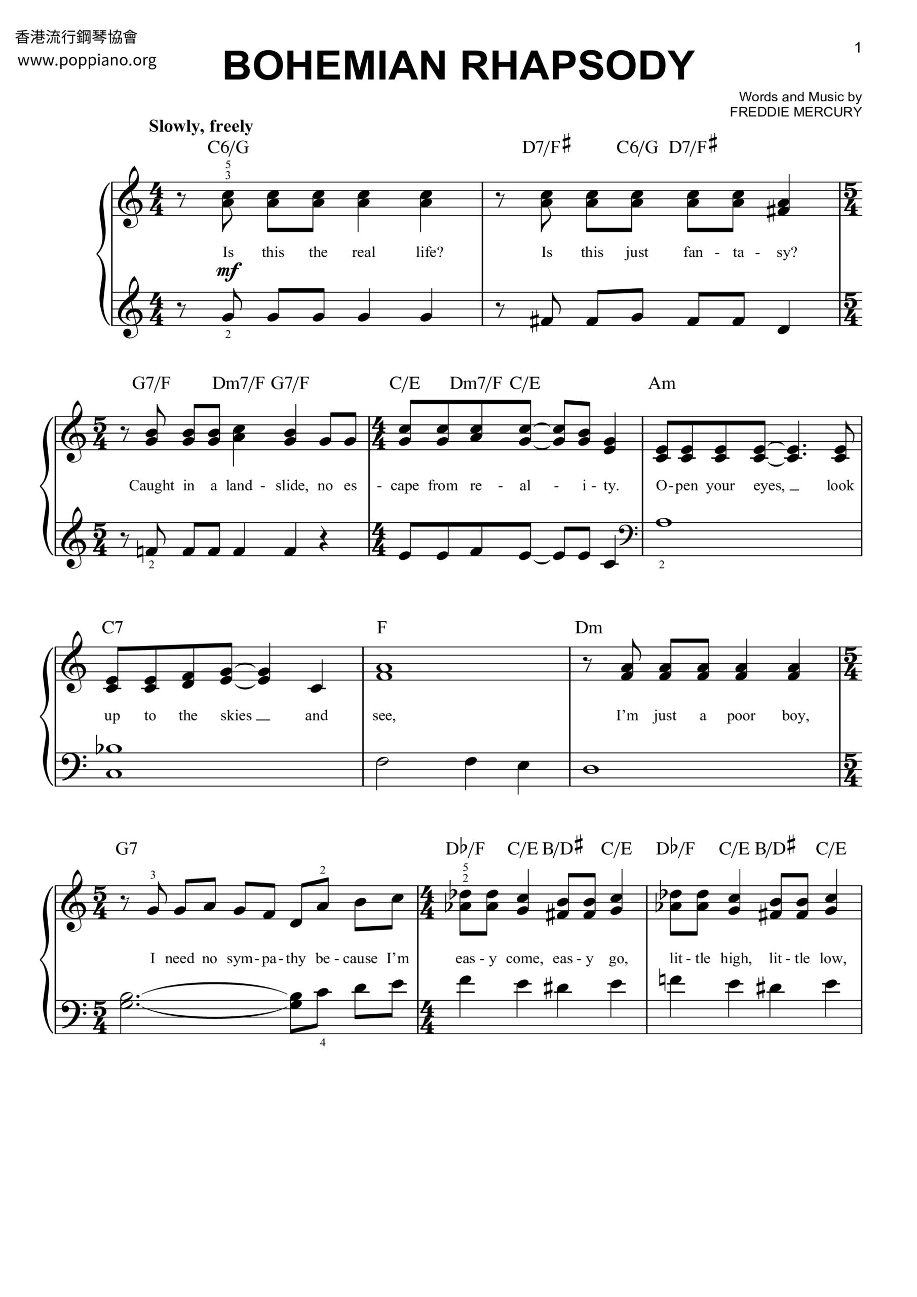 queen bohemian rhapsody piano sheet music