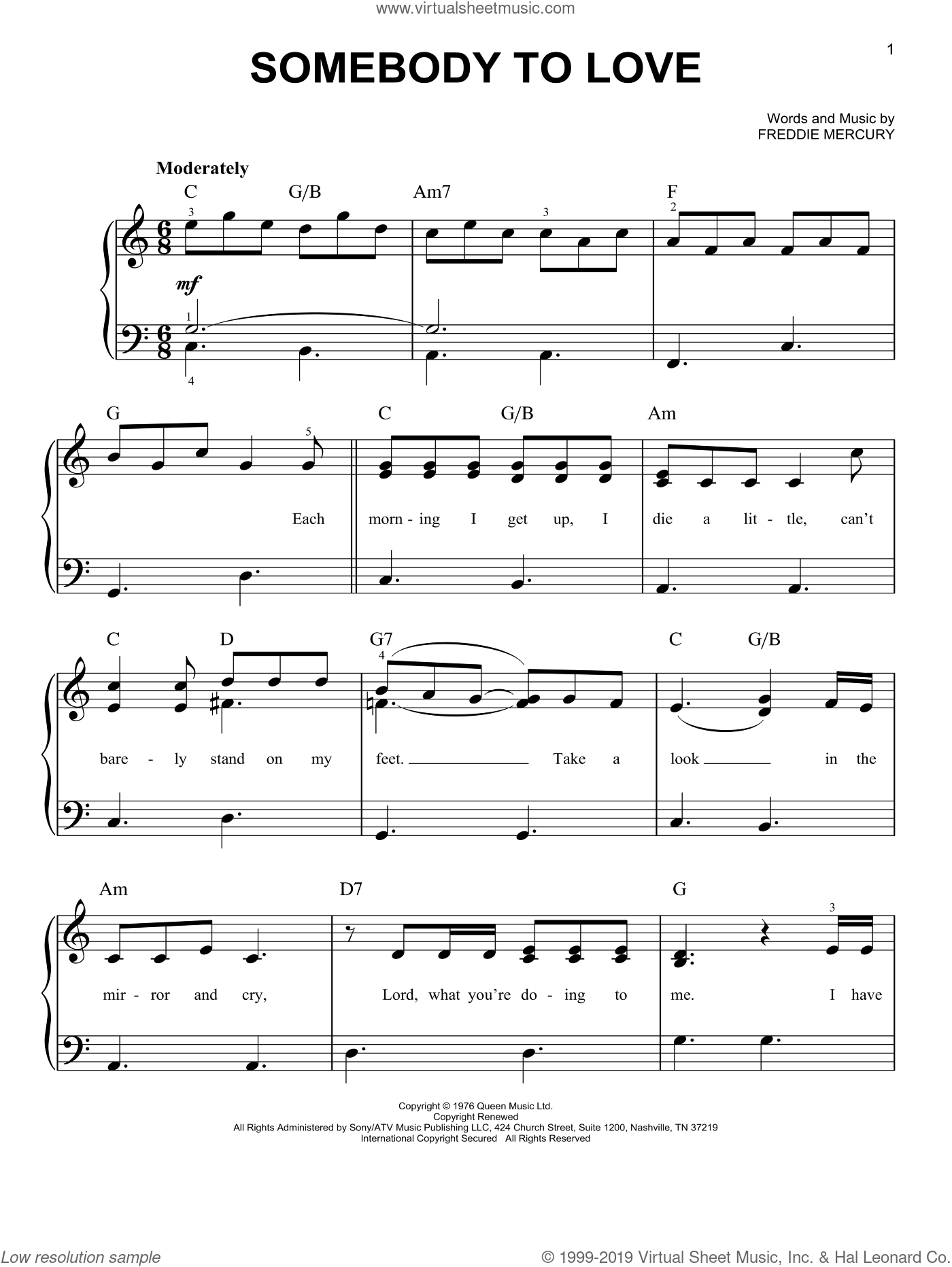 Queen Somebody To Love easy Sheet Music For Piano Solo PDF Queen Somebody To Love easy Sheet Music For Piano Solo PDF