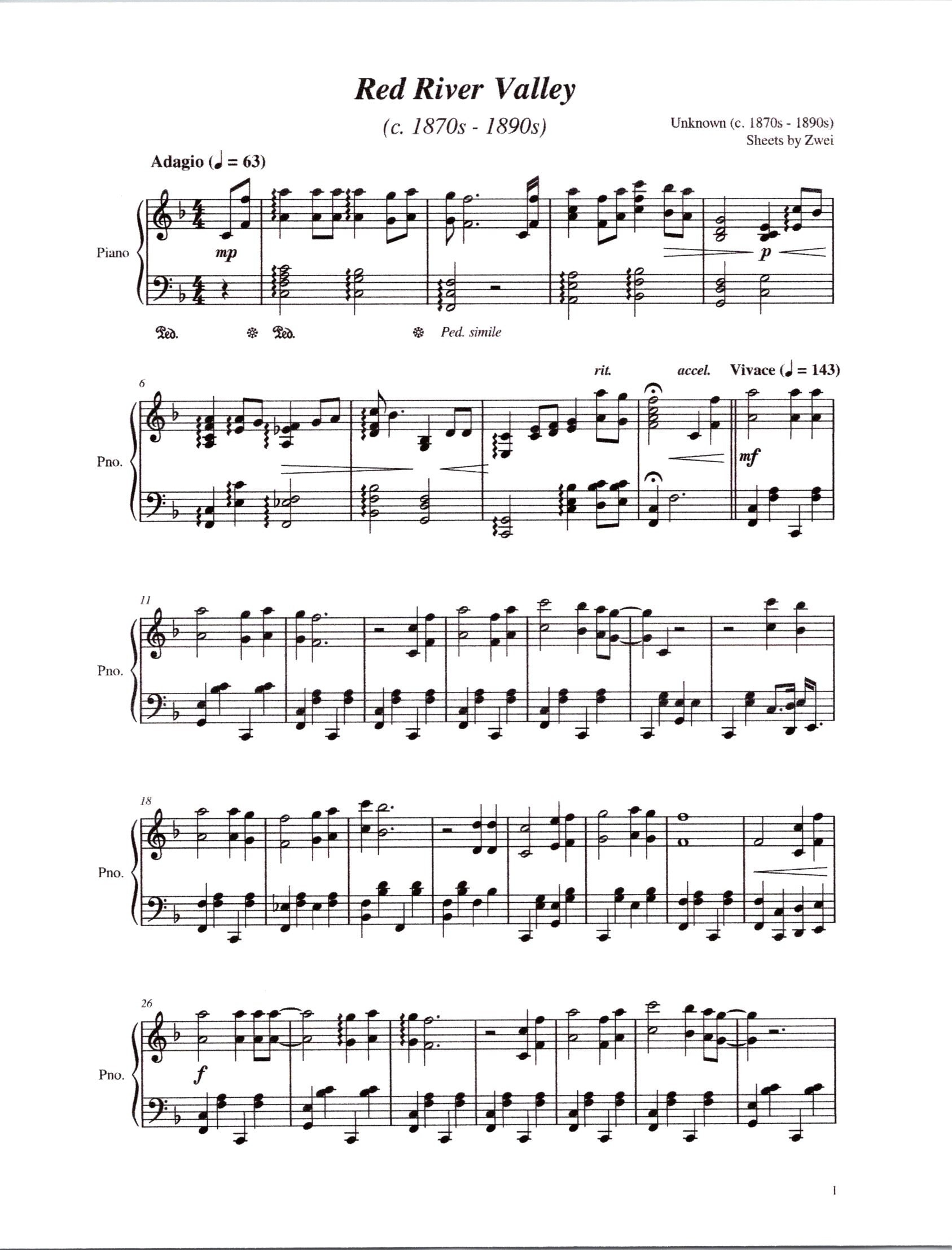 Red River Valley Piano Solo Digital Sheet Music Intermediate Level Key Of F Etsy