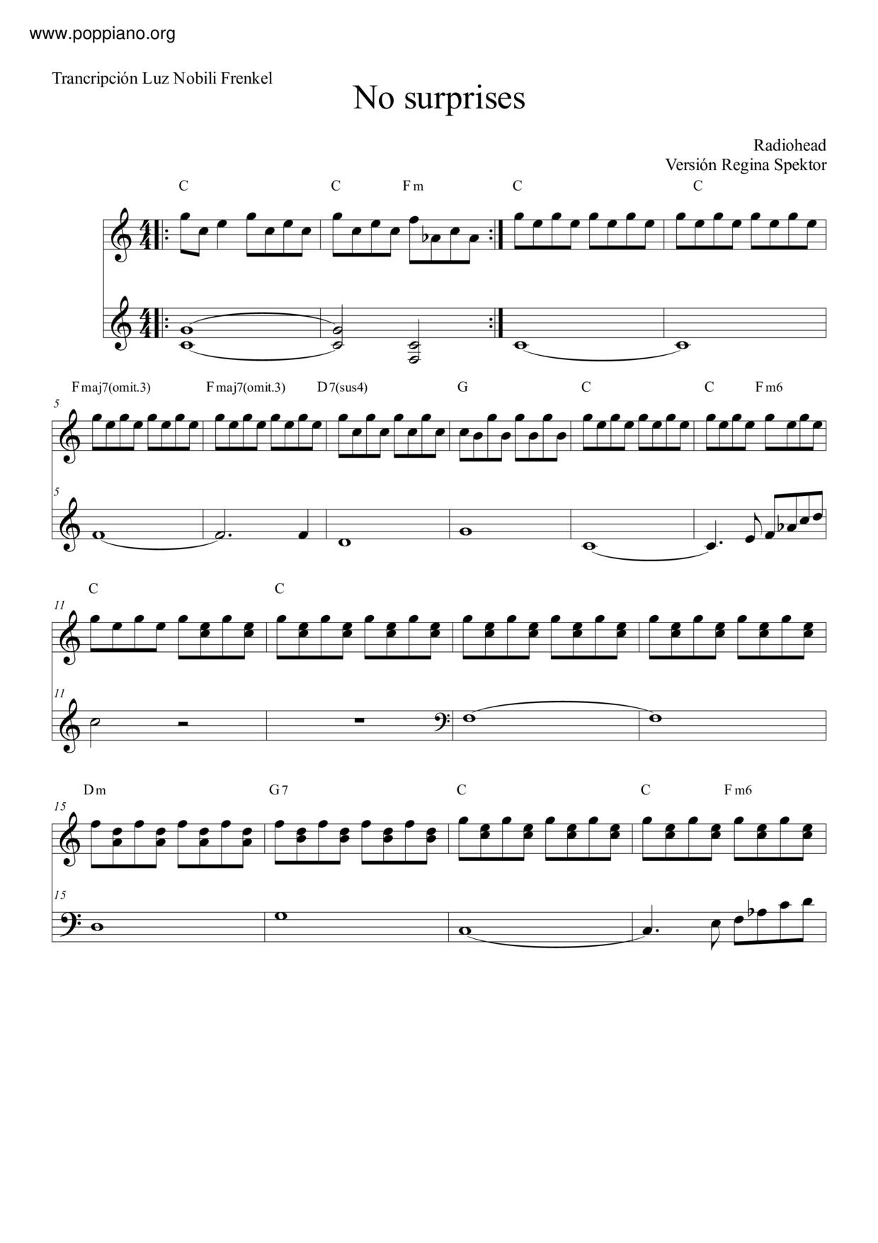 Regina Spektor No Surprises Sheet Music Pdf Free Score Download Regina Spektor No Surprises Sheet Music Pdf Free Score Download
