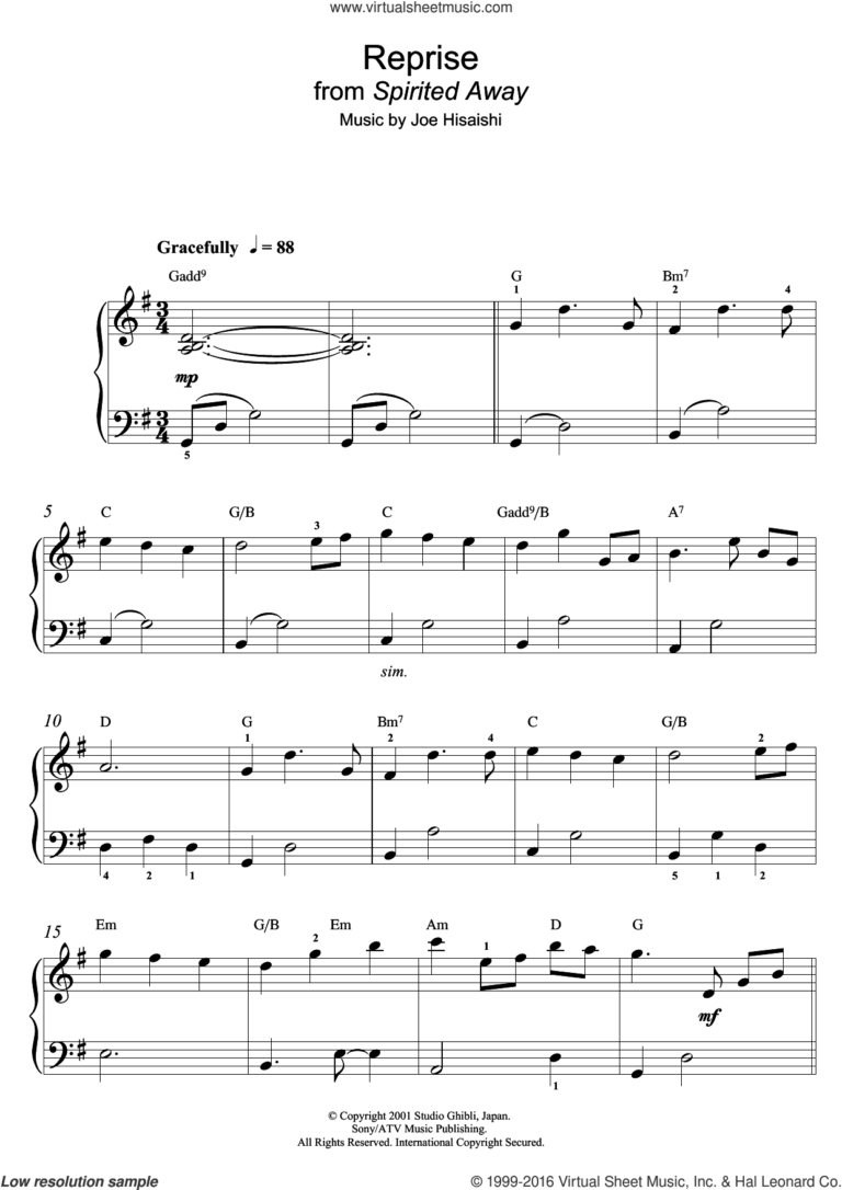Reprise from Spirited Away Sheet Music beginner For Piano Solo beginners 