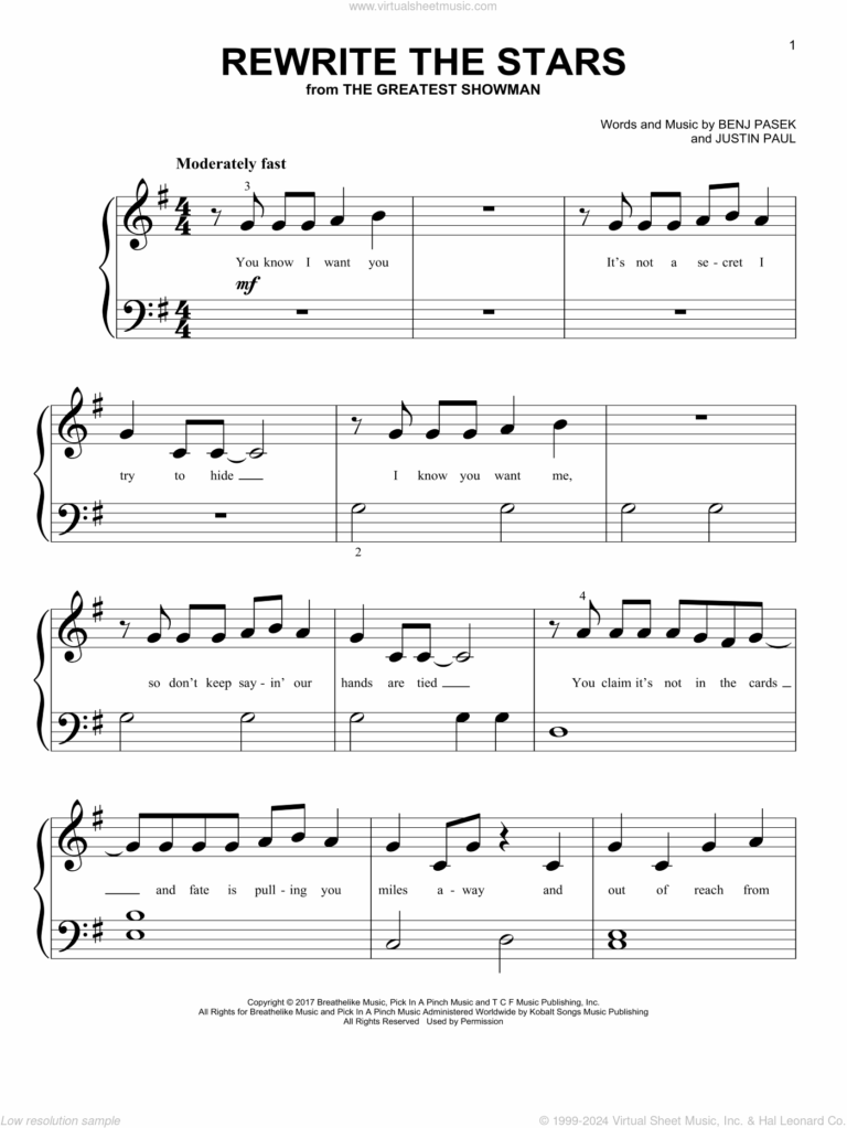 Rewrite The Stars from The Greatest Showman Sheet Music For Piano Solo big Note Book 