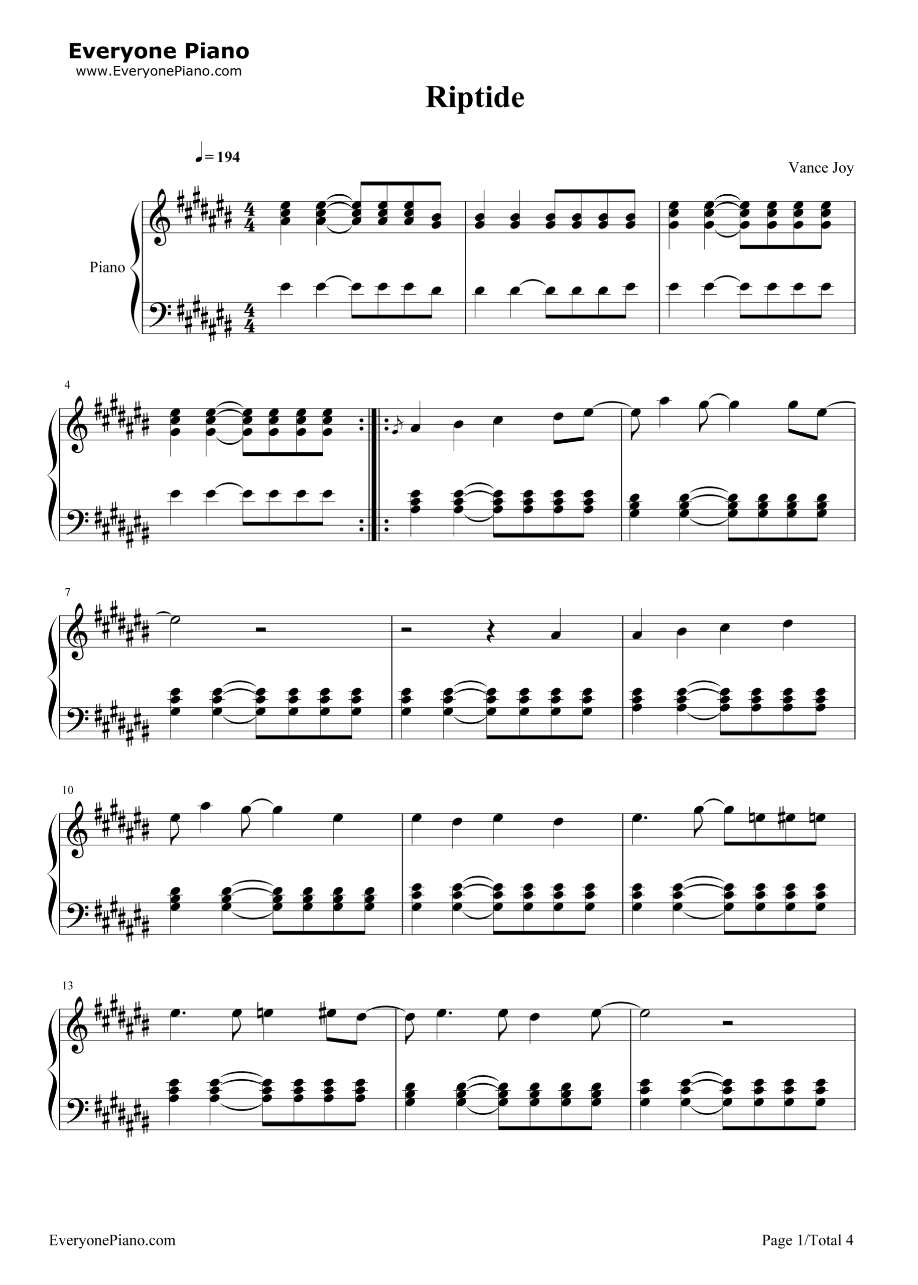 riptide piano sheet music