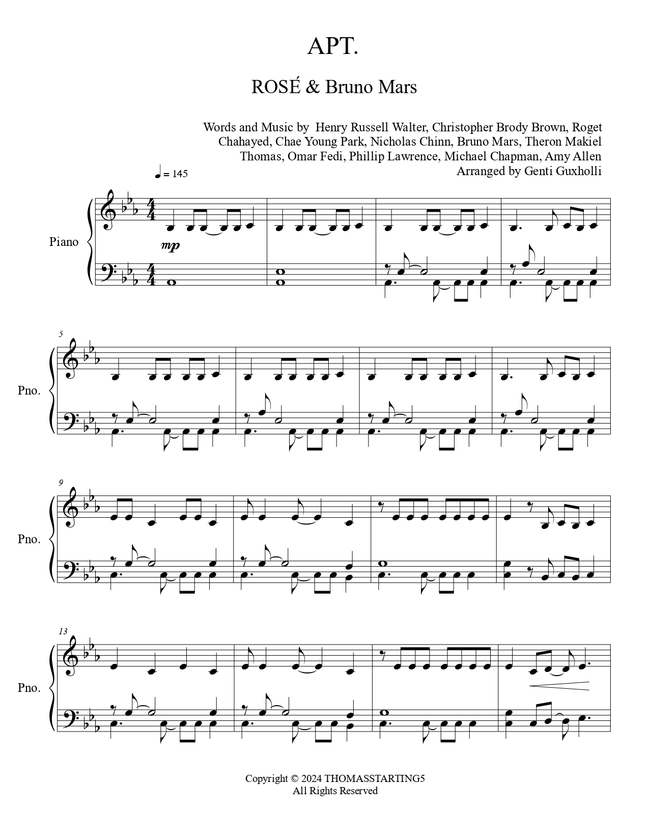ROS Bruno Mars APT Piano Solo Littlesheetmusic