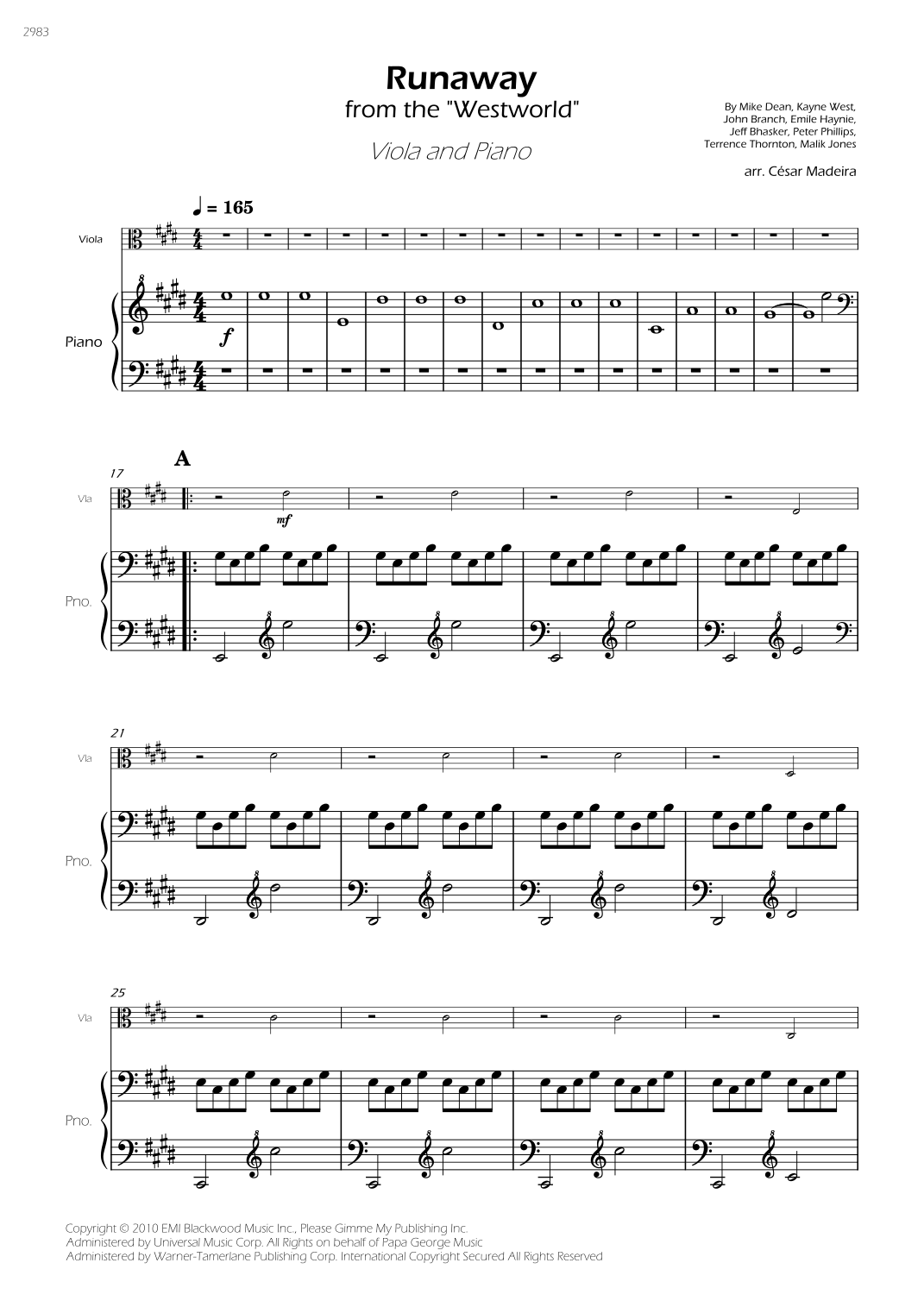 Runaway arr C sar Madeira By Kanye West Sheet Music For Viola And Piano At Sheet Music Direct