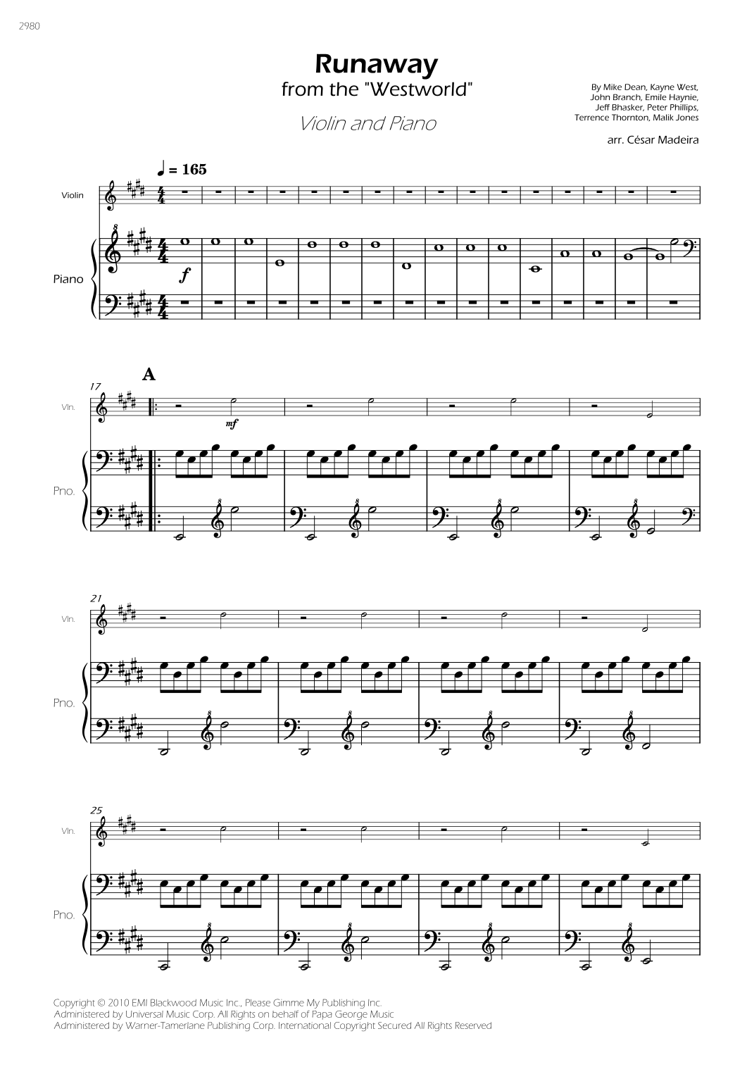 Runaway arr C sar Madeira By Kanye West Sheet Music For Violin And Piano At Sheet Music Direct Runaway arr C sar Madeira By Kanye West Sheet Music For Violin And Piano At Sheet Music Direct