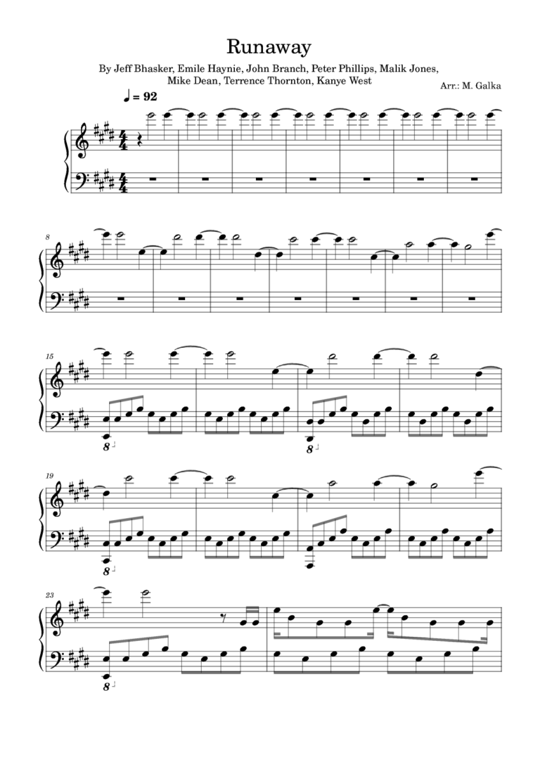 Runaway arr M Galka By Kanye West Sheet Music For Piano Solo At Sheet Music Direct