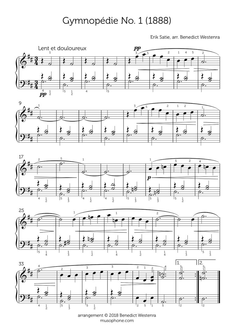 Satie Gymnop die No 1 Intermediate Piano Arrangement