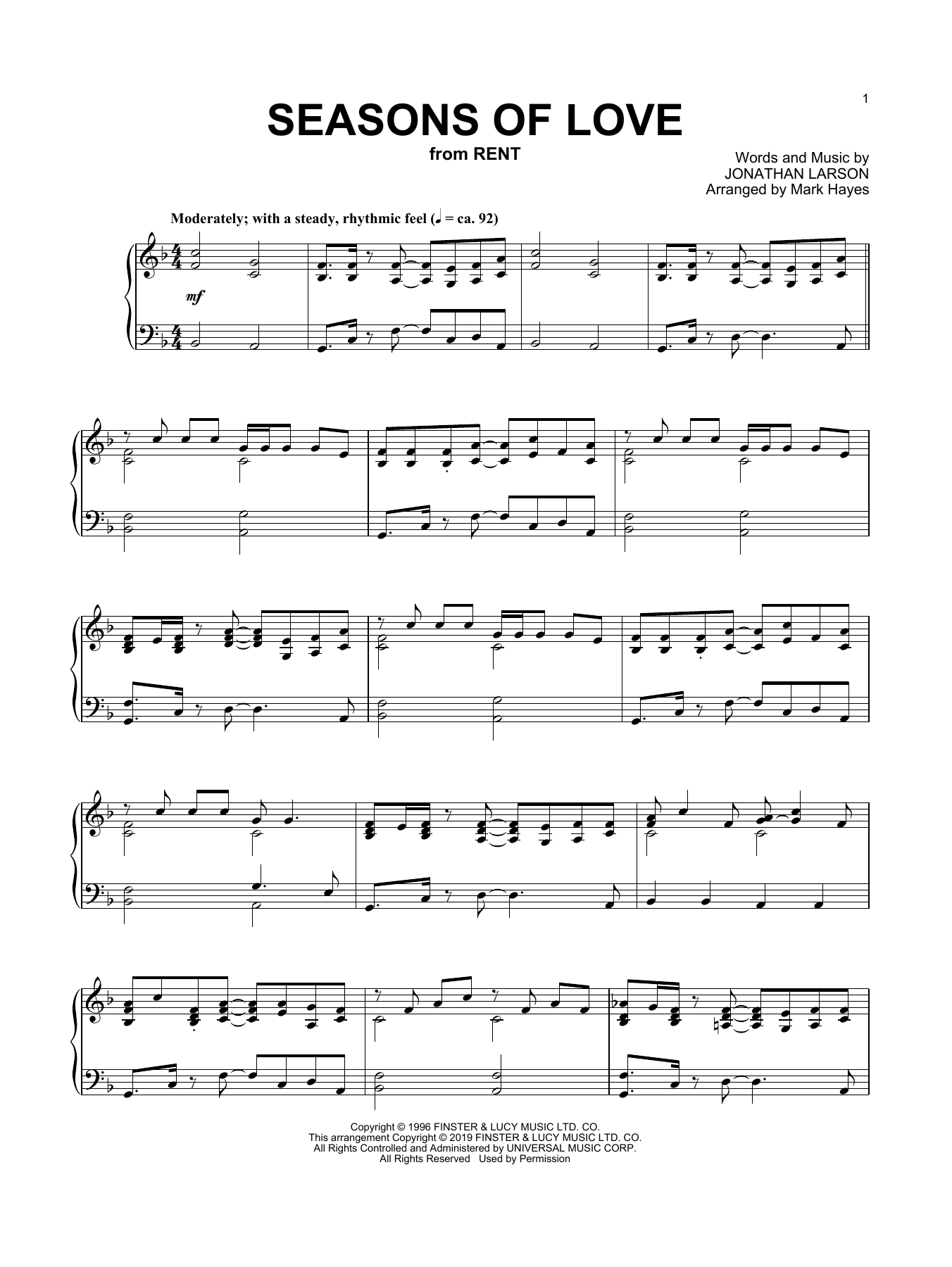 Seasons Of Love from Rent arr Mark Hayes By Jonathan Larson Sheet Music For Piano Solo At Sheet Music Direct