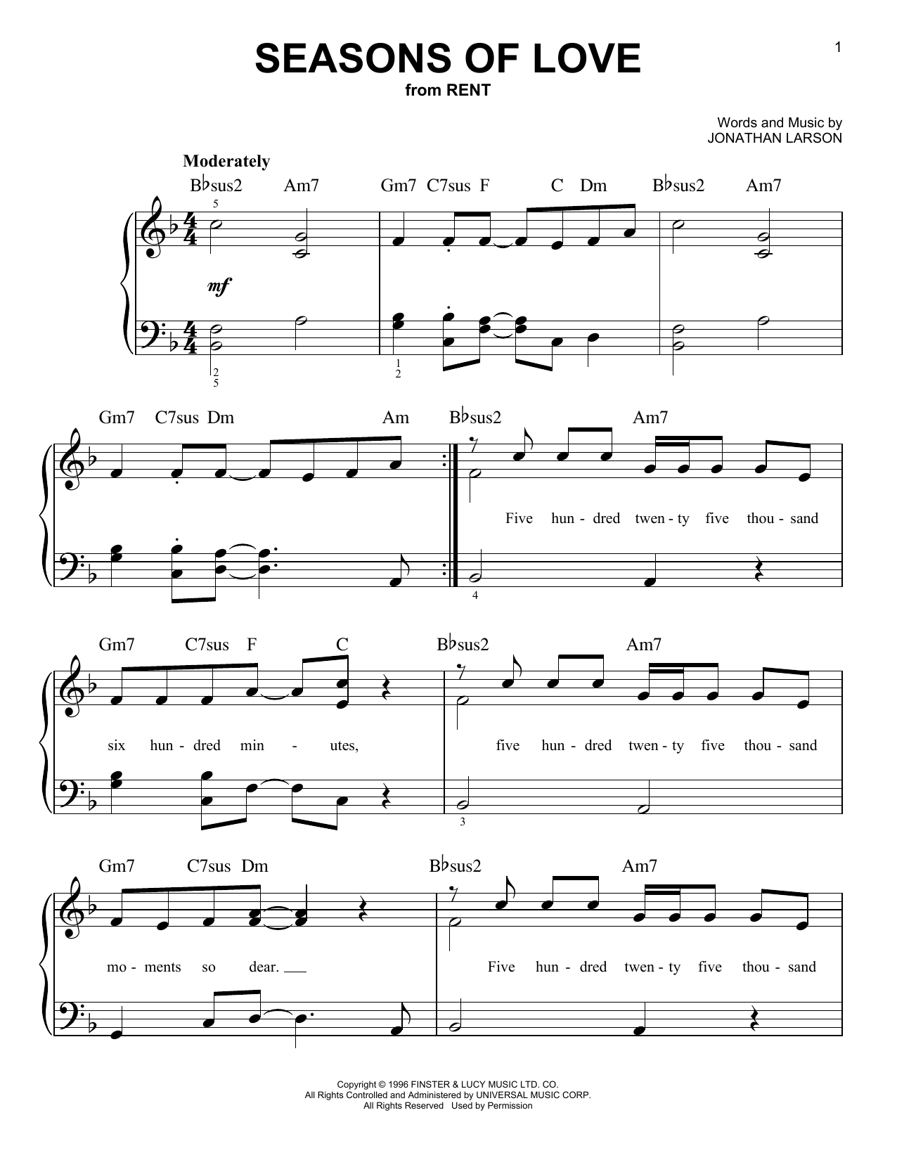 Seasons Of Love from Rent By Jonathan Larson Sheet Music For Easy Piano At Sheet Music Direct